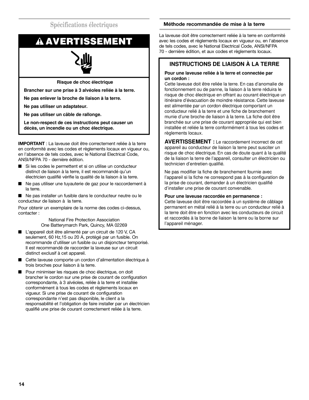 Maytag W10135283A Spécifications électriques, Instructions DE Liaison À LA Terre, Méthode recommandée de mise à la terre 