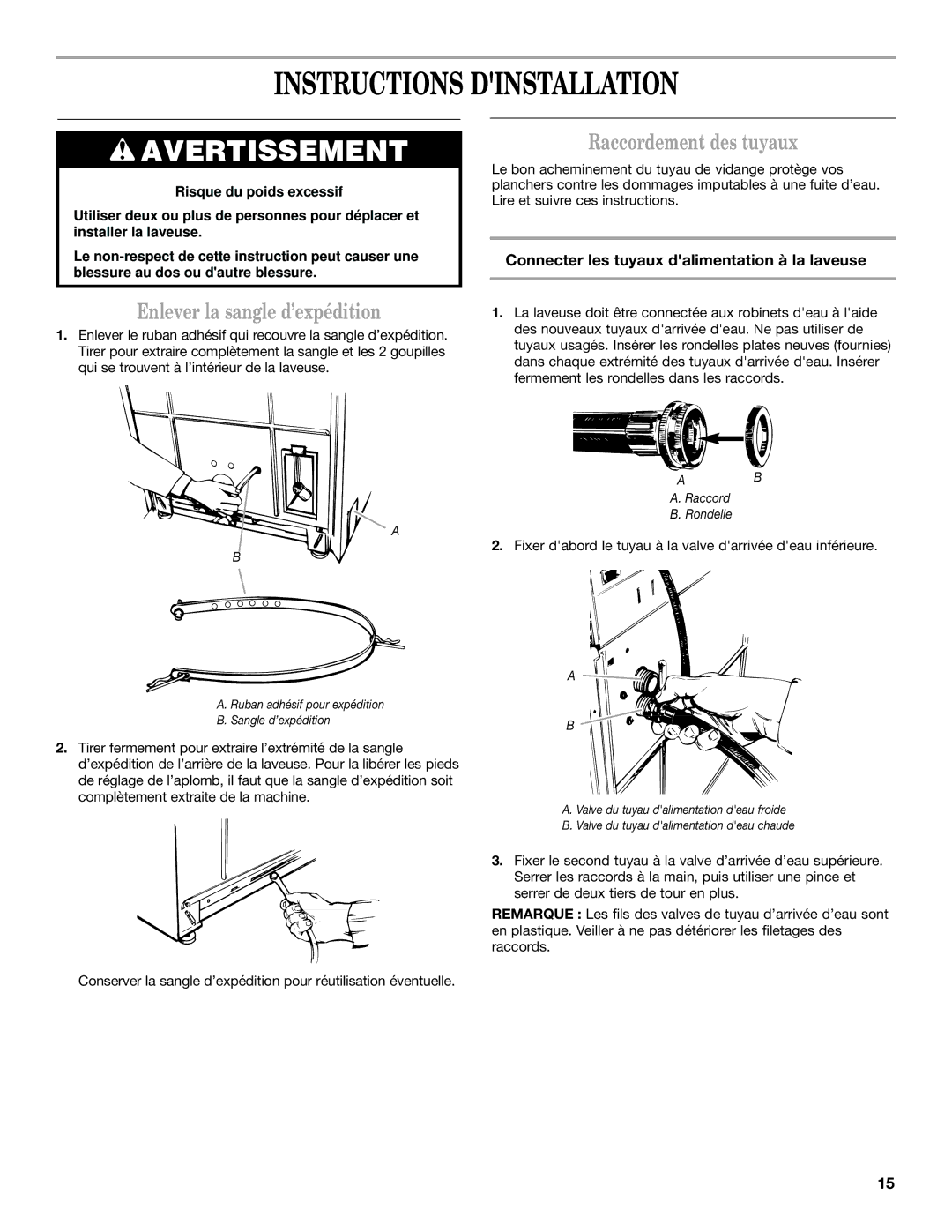 Maytag W10135283A Instructions Dinstallation, Enlever la sangle d’expédition, Raccordement des tuyaux 