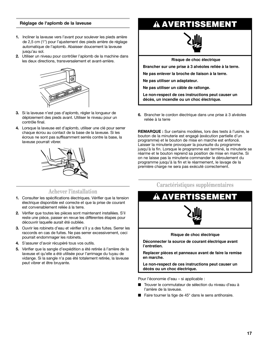 Maytag W10135283A Achever linstallation, Caractéristiques supplémentaires, Réglage de laplomb de la laveuse 