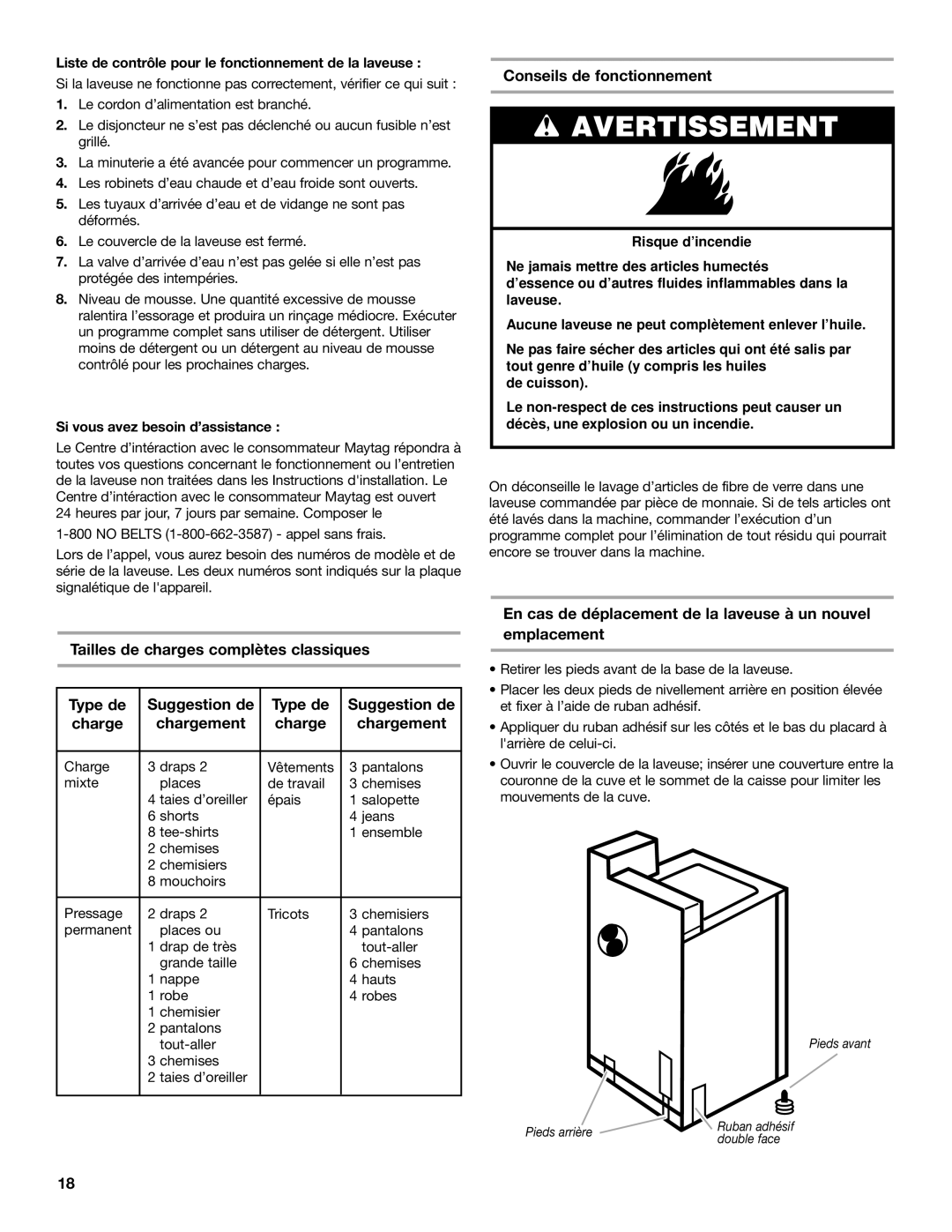 Maytag W10135283A Conseils de fonctionnement, En cas de déplacement de la laveuse à un nouvel emplacement 