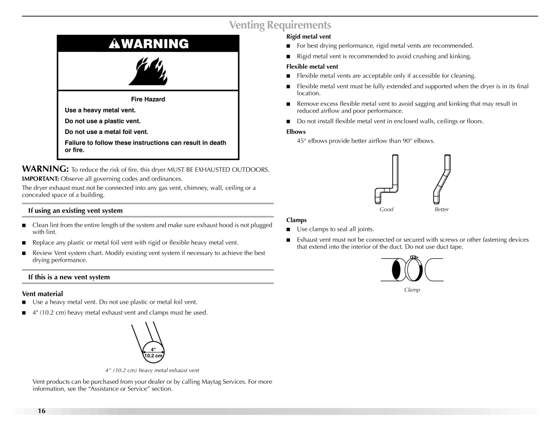 Maytag W10139629A manual Venting Requirements, If using an existing vent system, If this is a new vent system Vent material 