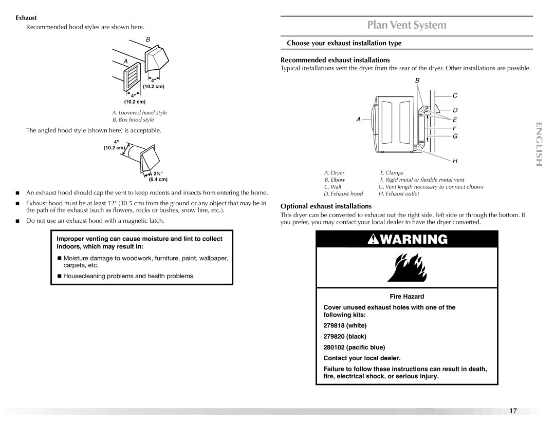 Maytag W10139629A manual Plan Vent System, Optional exhaust installations, Exhaust 