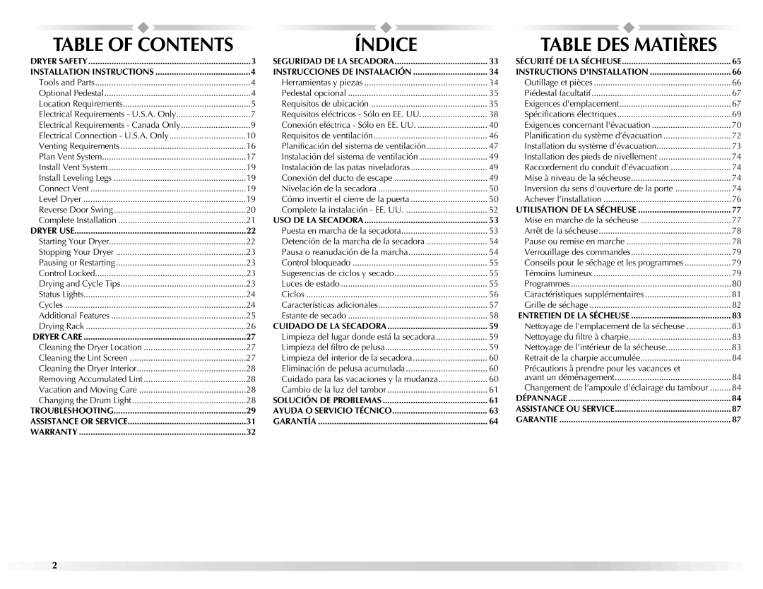 Maytag W10139629A manual Índice, Table DES Matières 