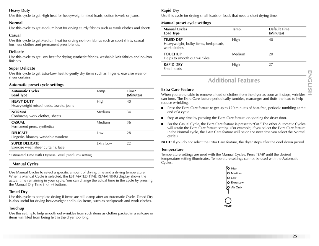 Maytag W10139629A manual Additional Features 