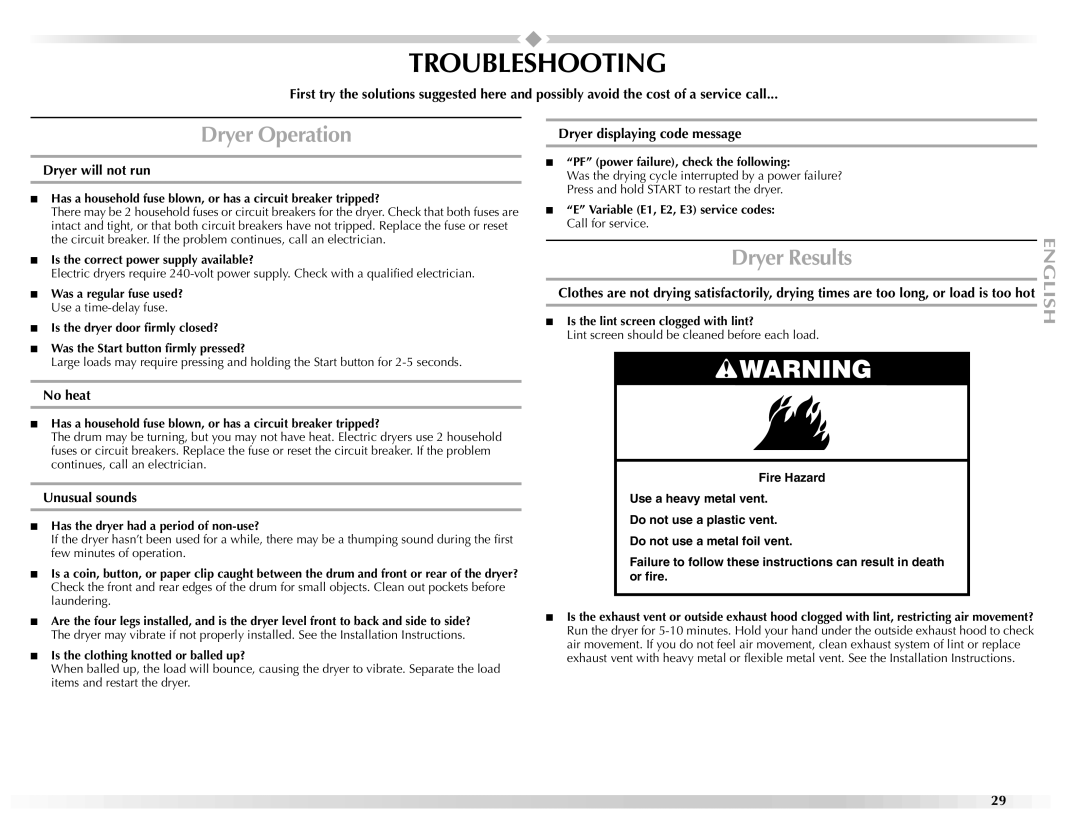 Maytag W10139629A manual Troubleshooting, Dryer Operation, Dryer Results 