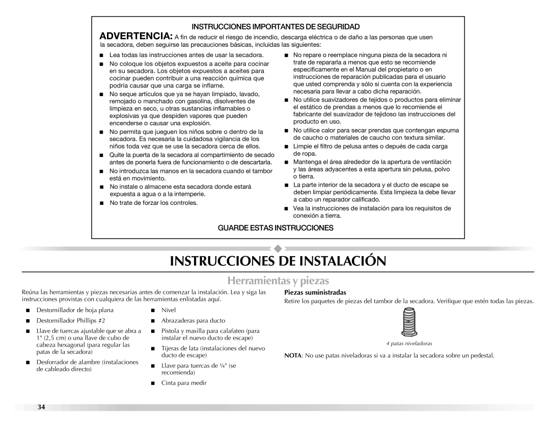 Maytag W10139629A manual Instrucciones DE Instalación, Herramientas y piezas, Piezas suministradas 