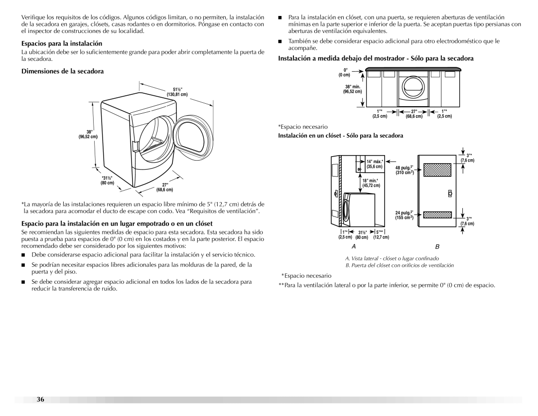 Maytag W10139629A Espacios para la instalación, Dimensiones de la secadora, Instalación en un clóset Sólo para la secadora 