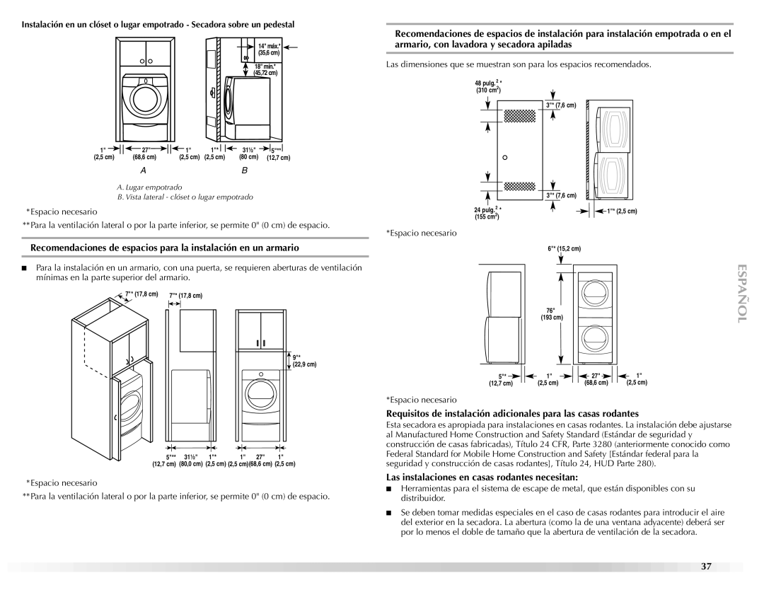 Maytag W10139629A manual Las instalaciones en casas rodantes necesitan 