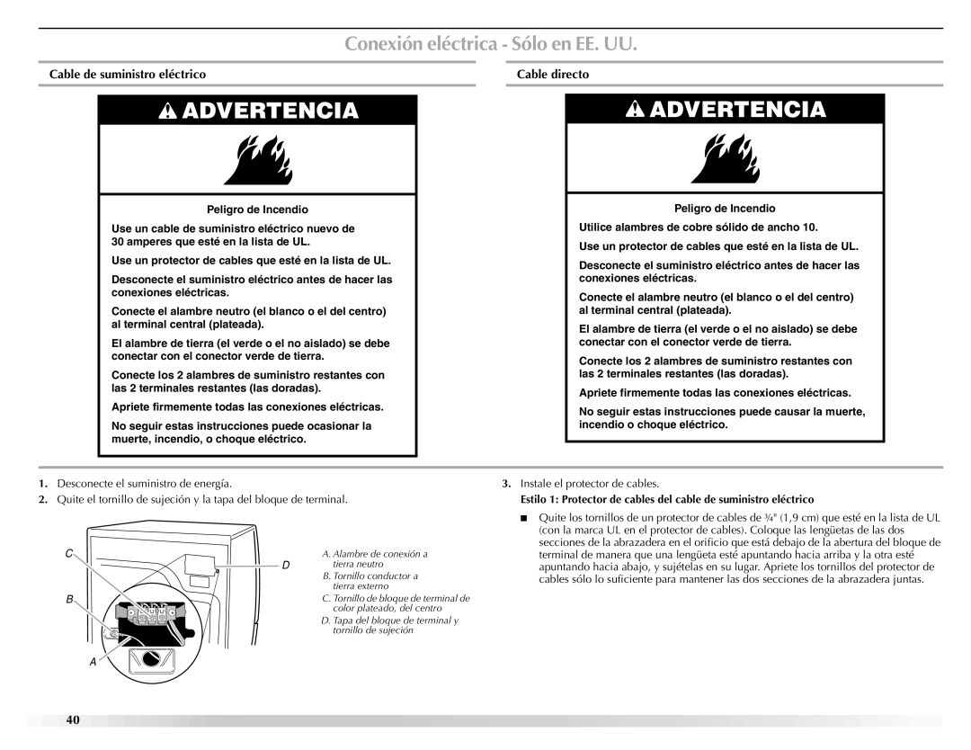 Maytag W10139629A manual Conexión eléctrica Sólo en EE. UU, Cable de suministro eléctrico Cable directo 