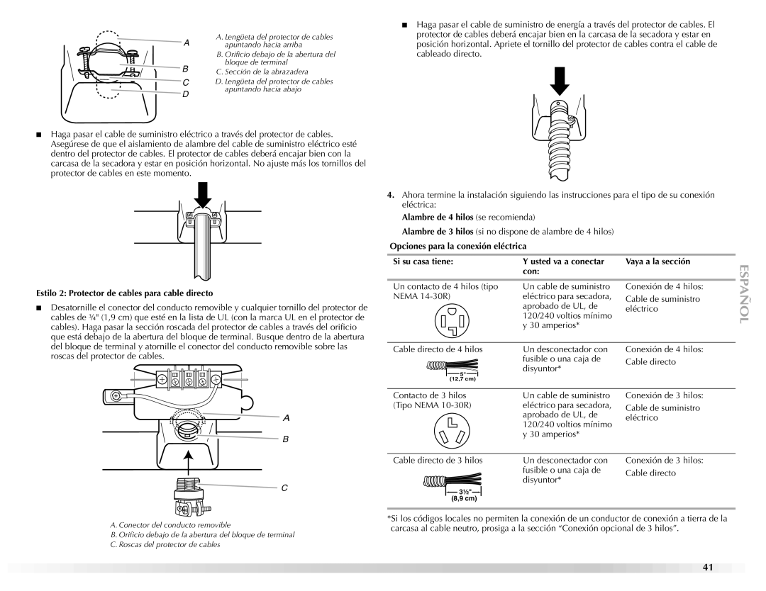 Maytag W10139629A manual Estilo 2 Protector de cables para cable directo, Alambre de 4 hilos se recomienda 