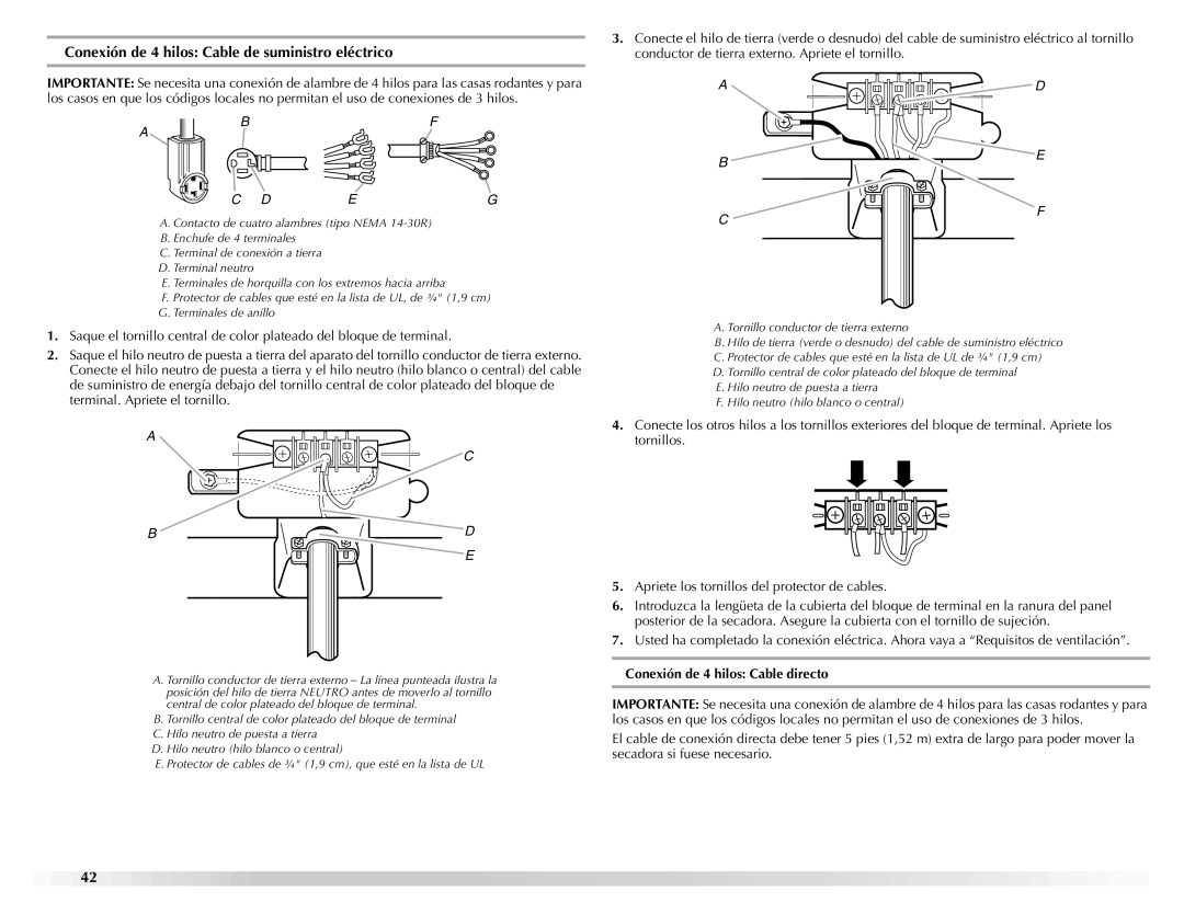 Maytag W10139629A manual Conexión de 4 hilos Cable de suministro eléctrico, Conexión de 4 hilos Cable directo 