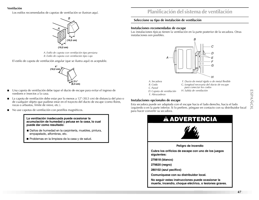 Maytag W10139629A manual Planificación del sistema de ventilación, Instalaciones opcionales de escape, Ventilación 