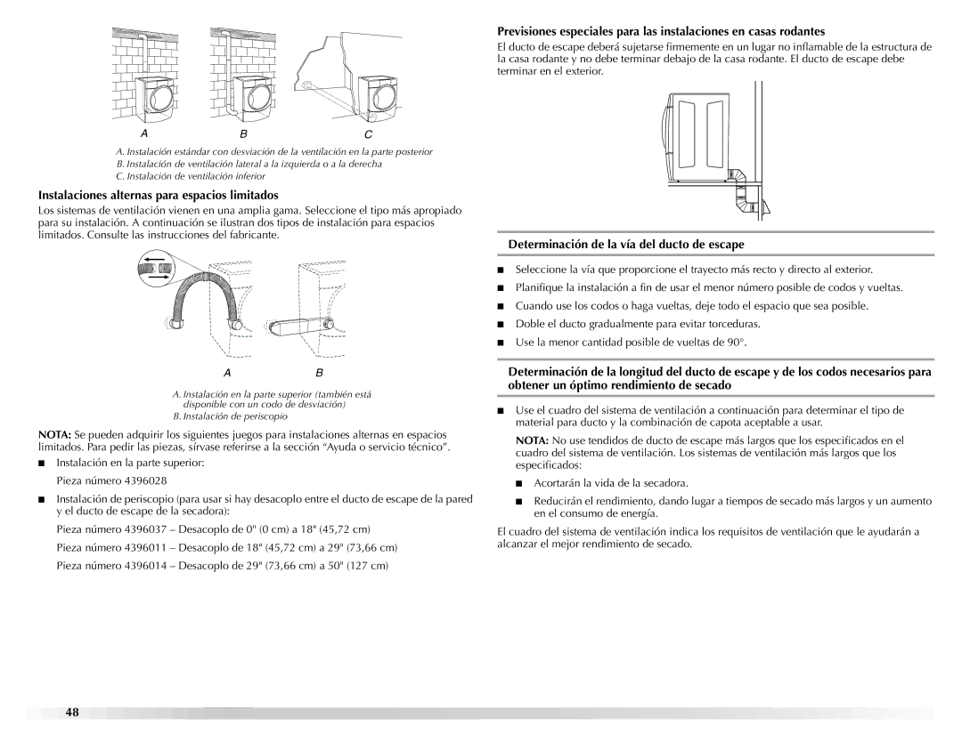 Maytag W10139629A manual Instalaciones alternas para espacios limitados, Determinación de la vía del ducto de escape 