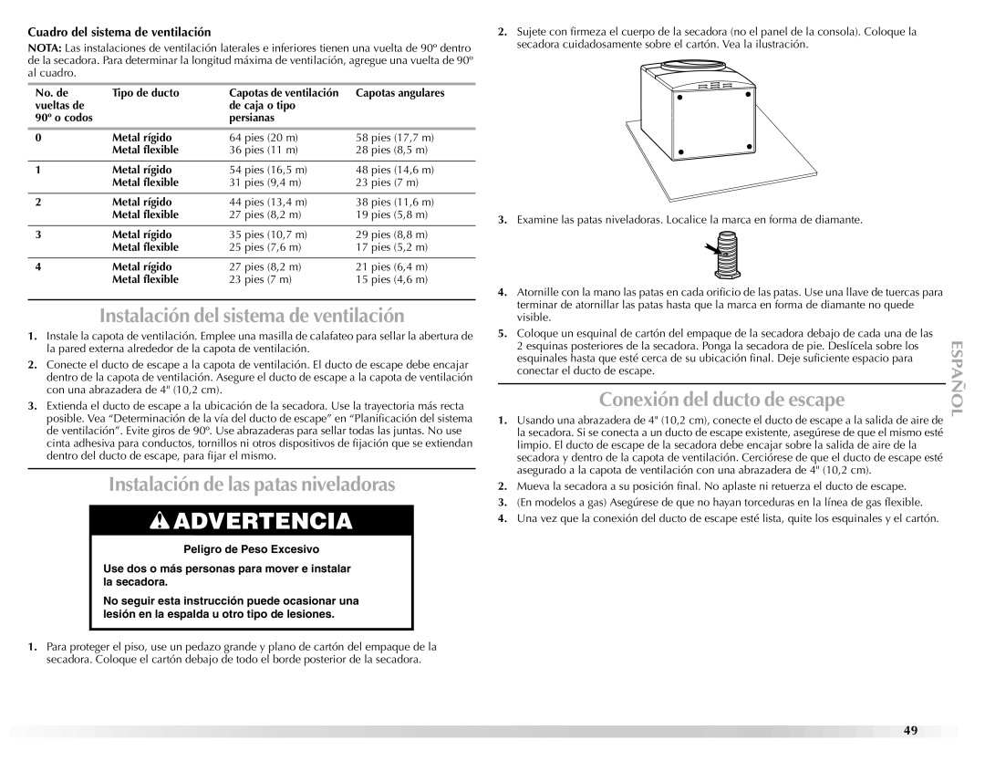 Maytag W10139629A manual Instalación del sistema de ventilación, Instalación de las patas niveladoras 