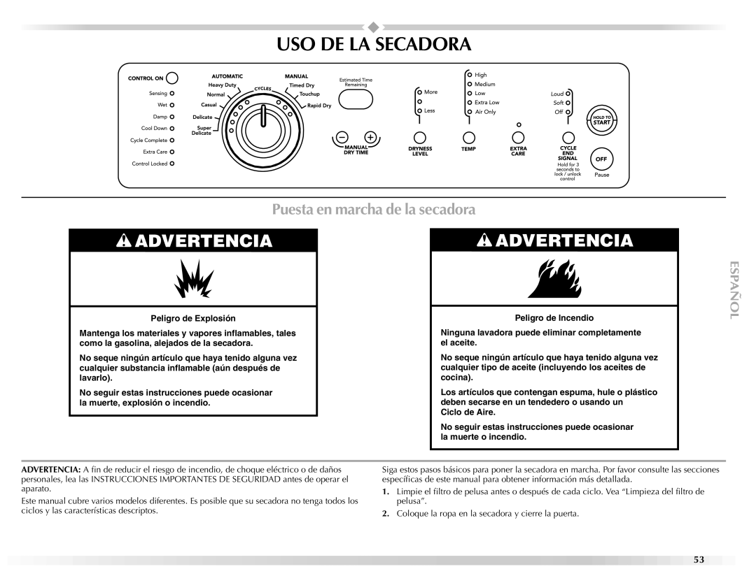 Maytag W10139629A manual USO DE LA Secadora, Puesta en marcha de la secadora 