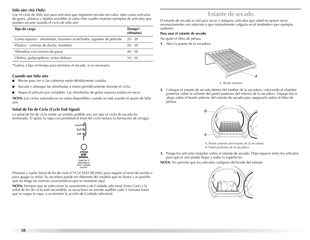 Maytag W10139629A Estante de secado, Sólo aire Air Only, Cuando use Sólo aire, Señal de Fin de Ciclo Cycle End Signal 