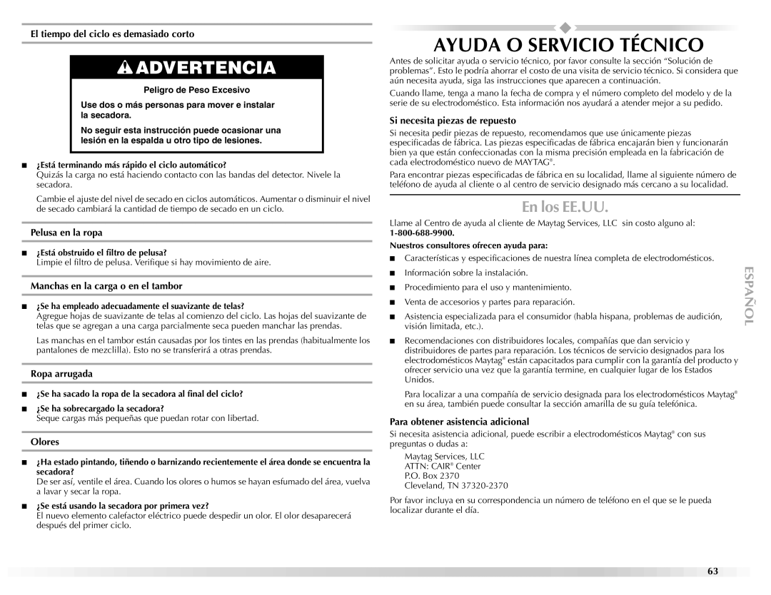 Maytag W10139629A manual Ayuda O Servicio Técnico, En los EE.UU 