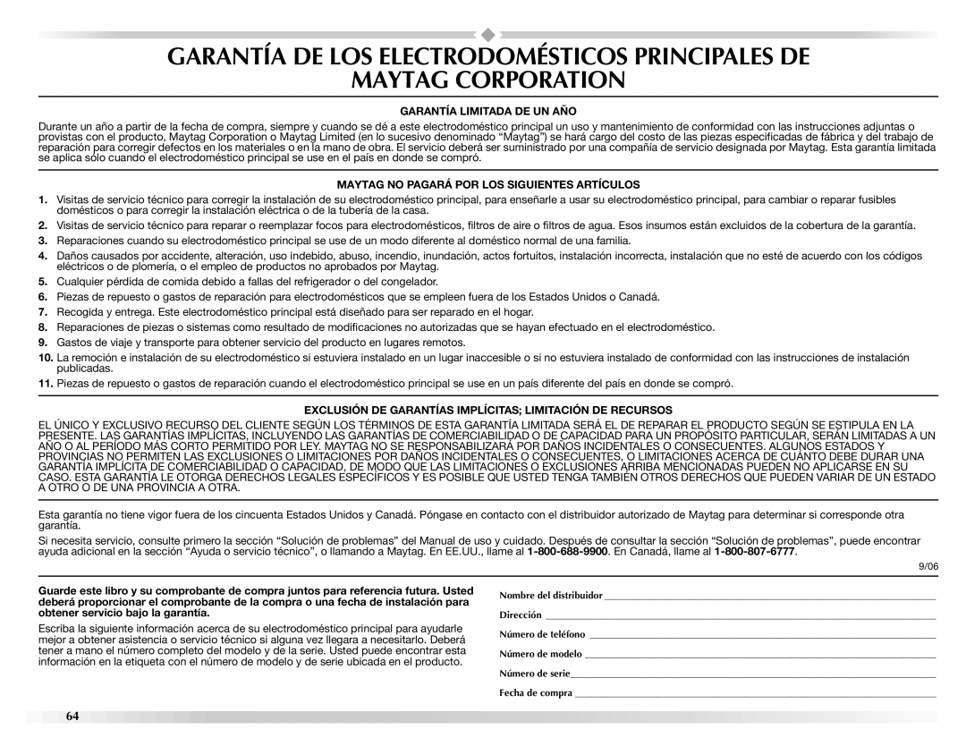 Maytag W10139629A manual Garantía Limitada DE UN AÑO 