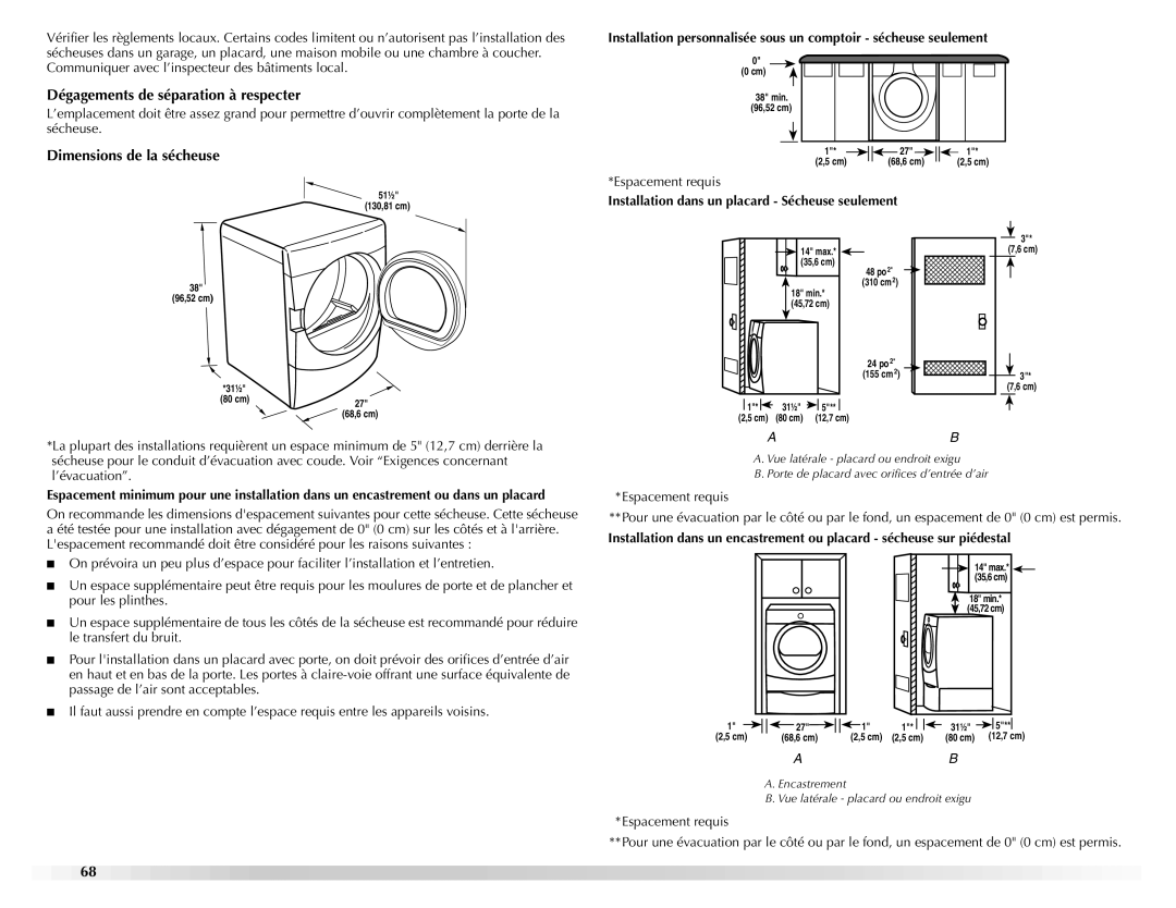 Maytag W10139629A manual Dégagements de séparation à respecter, Dimensions de la sécheuse 