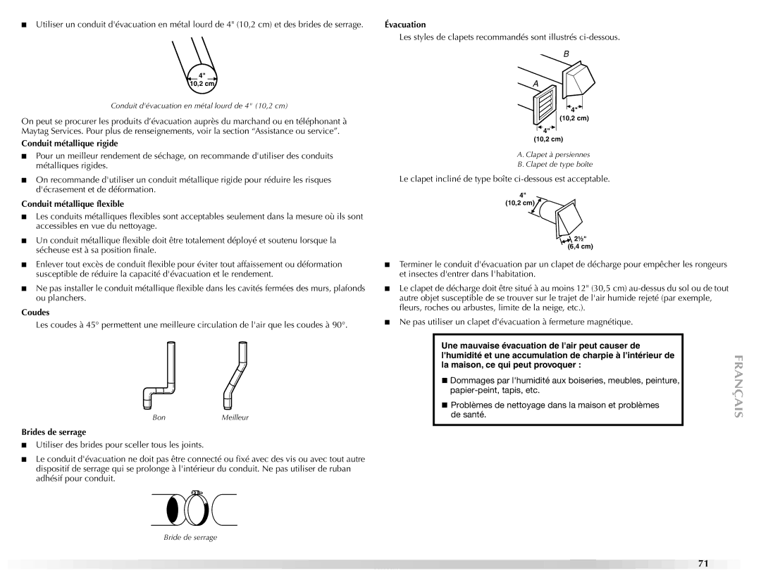 Maytag W10139629A manual Conduit métallique rigide, Conduit métallique flexible, Coudes, Brides de serrage, Évacuation 