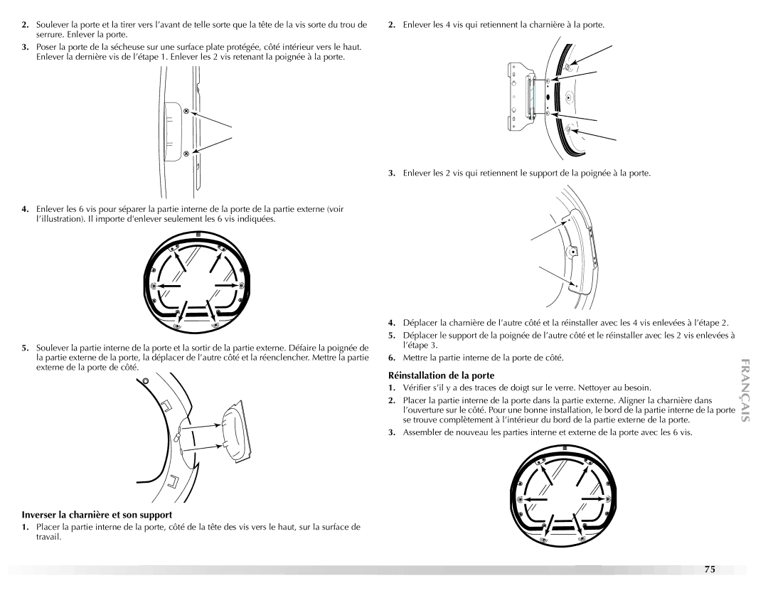 Maytag W10139629A manual Inverser la charnière et son support, Réinstallation de la porte 