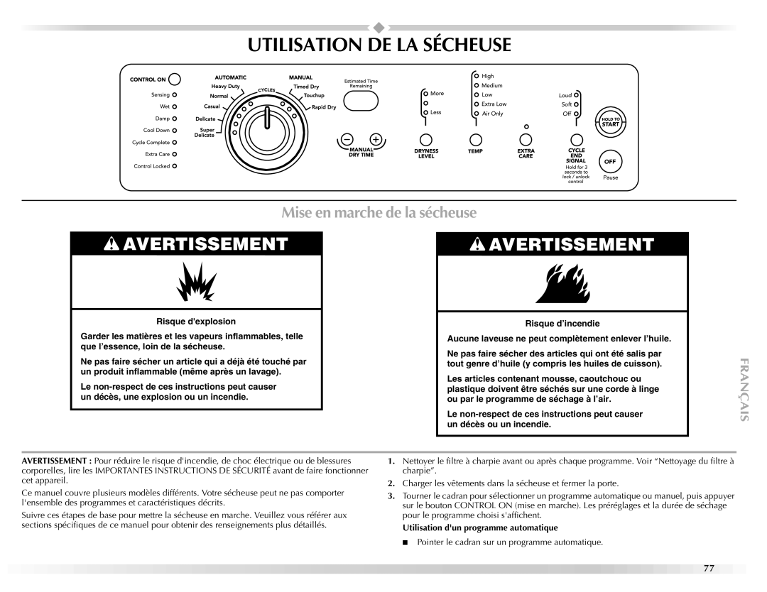 Maytag W10139629A manual Utilisation DE LA Sécheuse, Mise en marche de la sécheuse, Utilisation dun programme automatique 