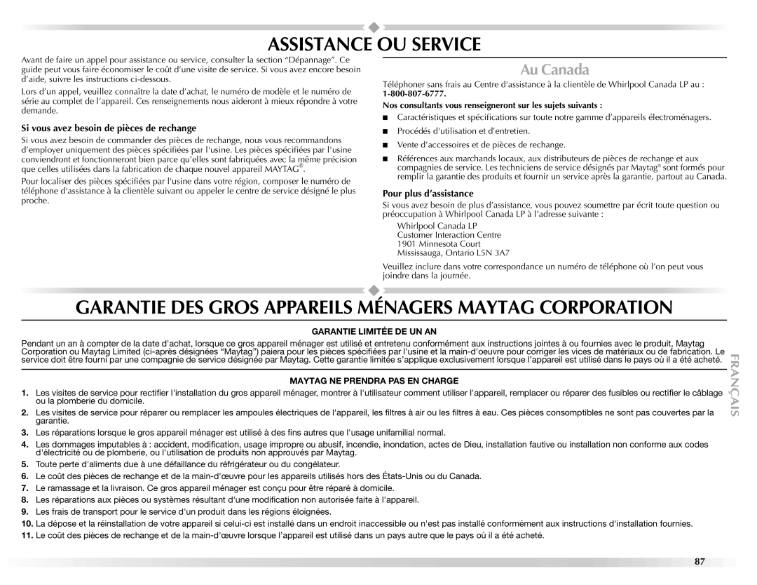 Maytag W10139629A Assistance OU Service, Au Canada, Si vous avez besoin de pièces de rechange, Pour plus d’assistance 