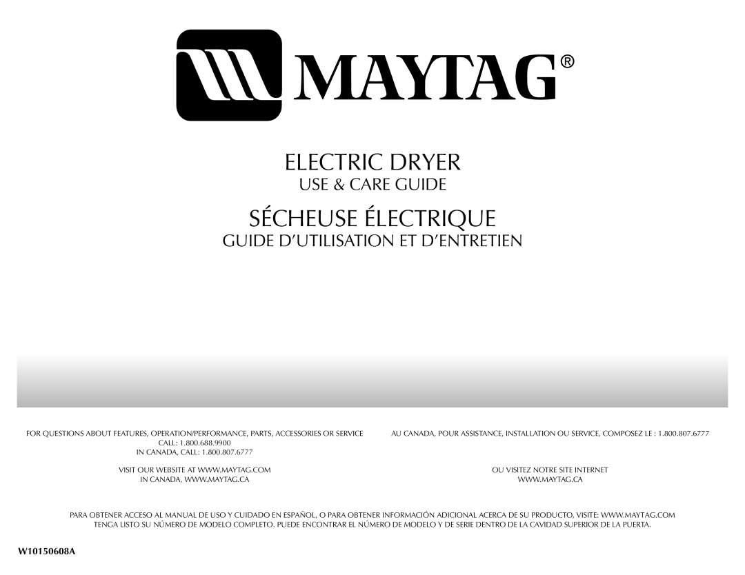 Maytag W10150608A, W10150609A manual Sécheuse Électrique 