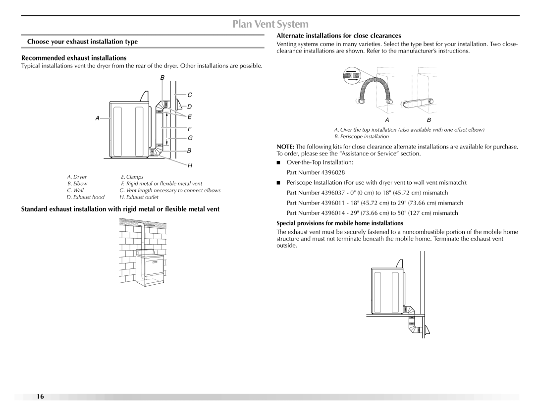 Maytag W10150609A, W10150608A manual Plan Vent System, Special provisions for mobile home installations 