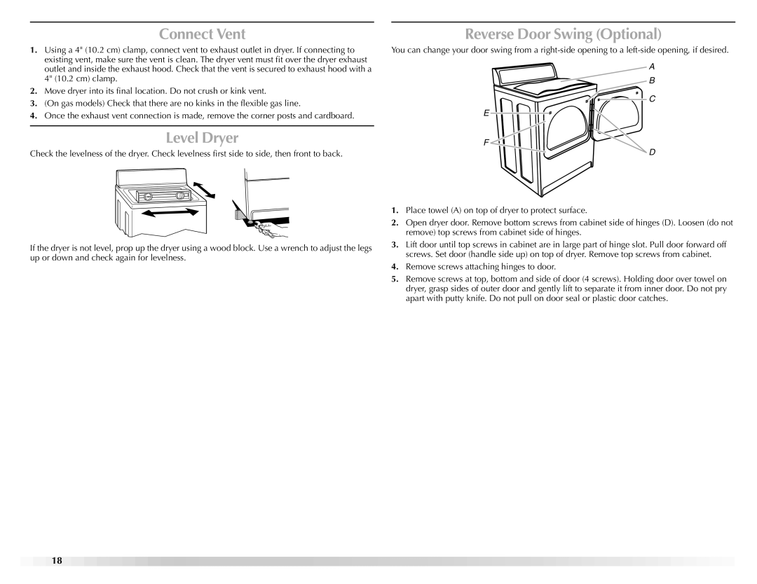 Maytag W10150609A, W10150608A manual Connect Vent, Level Dryer, Reverse Door Swing Optional 