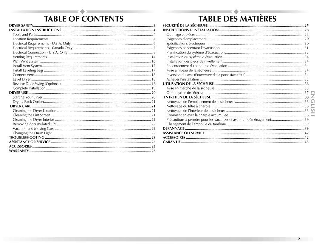 Maytag W10150609A, W10150608A manual Table of Contents, Table DES Matières 