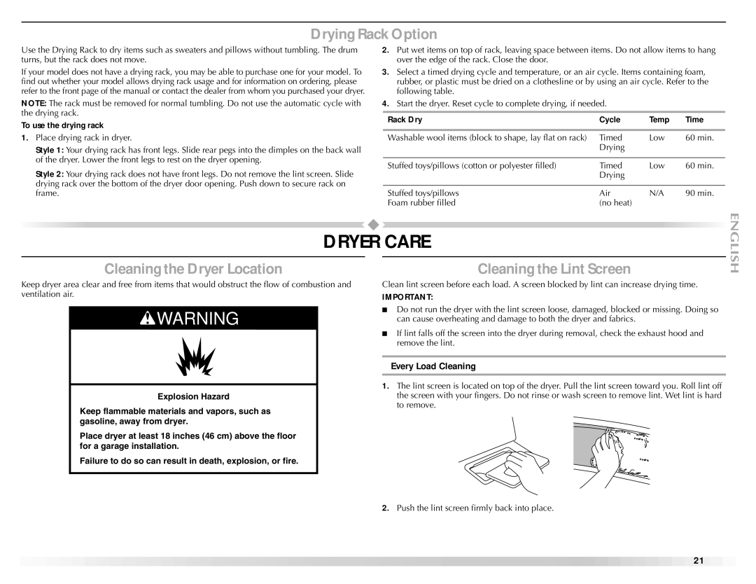 Maytag W10150608A, W10150609A manual Dryer Care, Drying Rack Option, Cleaning the Dryer Location, Cleaning the Lint Screen 