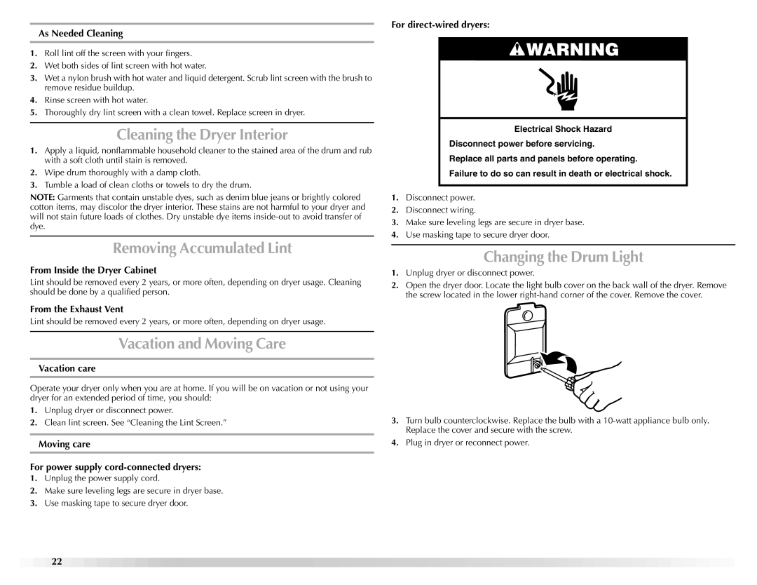 Maytag W10150609A, W10150608A manual Cleaning the Dryer Interior, Removing Accumulated Lint, Vacation and Moving Care 