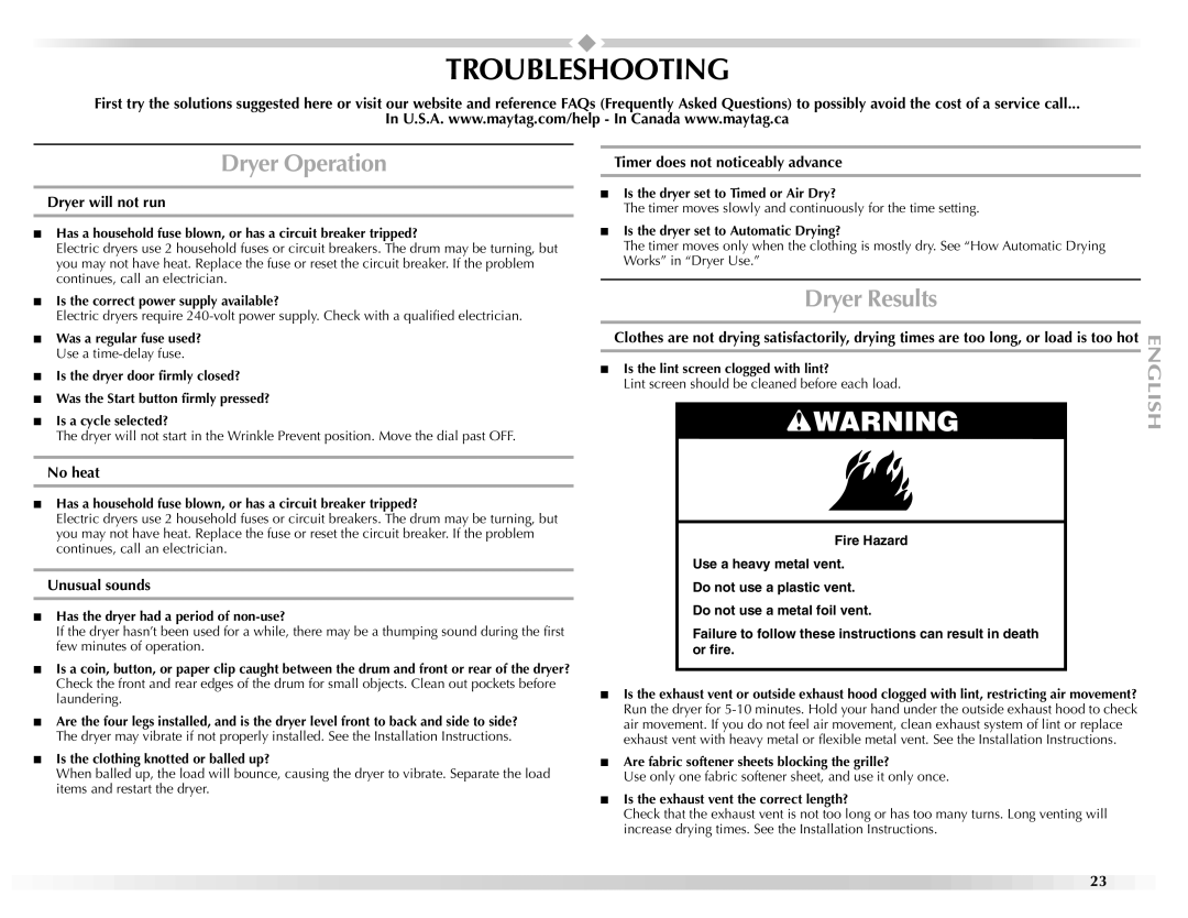 Maytag W10150608A, W10150609A manual Troubleshooting, Dryer Operation, Dryer Results 