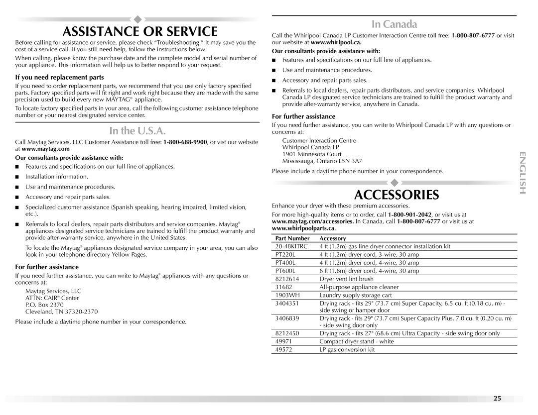 Maytag W10150608A, W10150609A manual Assistance or Service, Accessories, U.S.A, Canada 