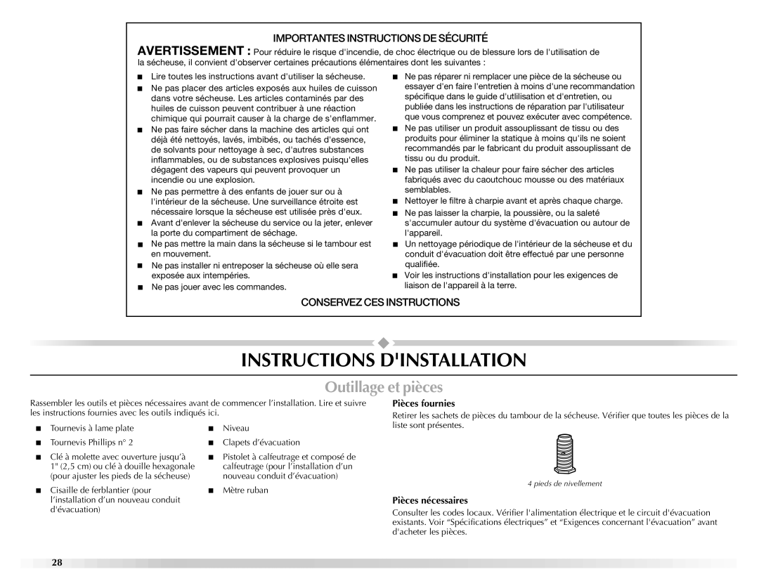 Maytag W10150609A, W10150608A manual Instructions Dinstallation, Outillage et pièces, Pièces fournies, Pièces nécessaires 