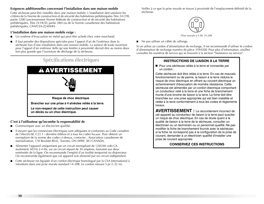 Maytag W10150609A, W10150608A manual Spécifications électriques, ’installation dans une maison mobile exige 