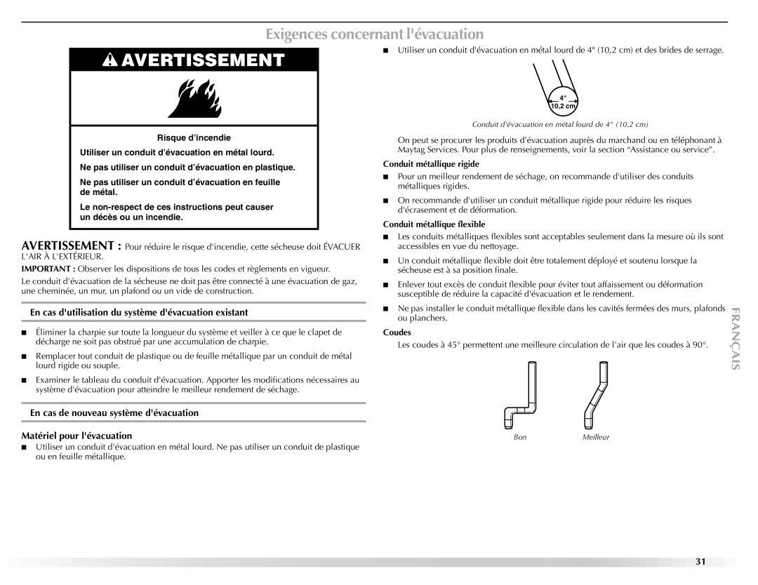 Maytag W10150608A, W10150609A manual Exigences concernant lévacuation, En cas dutilisation du système dévacuation existant 