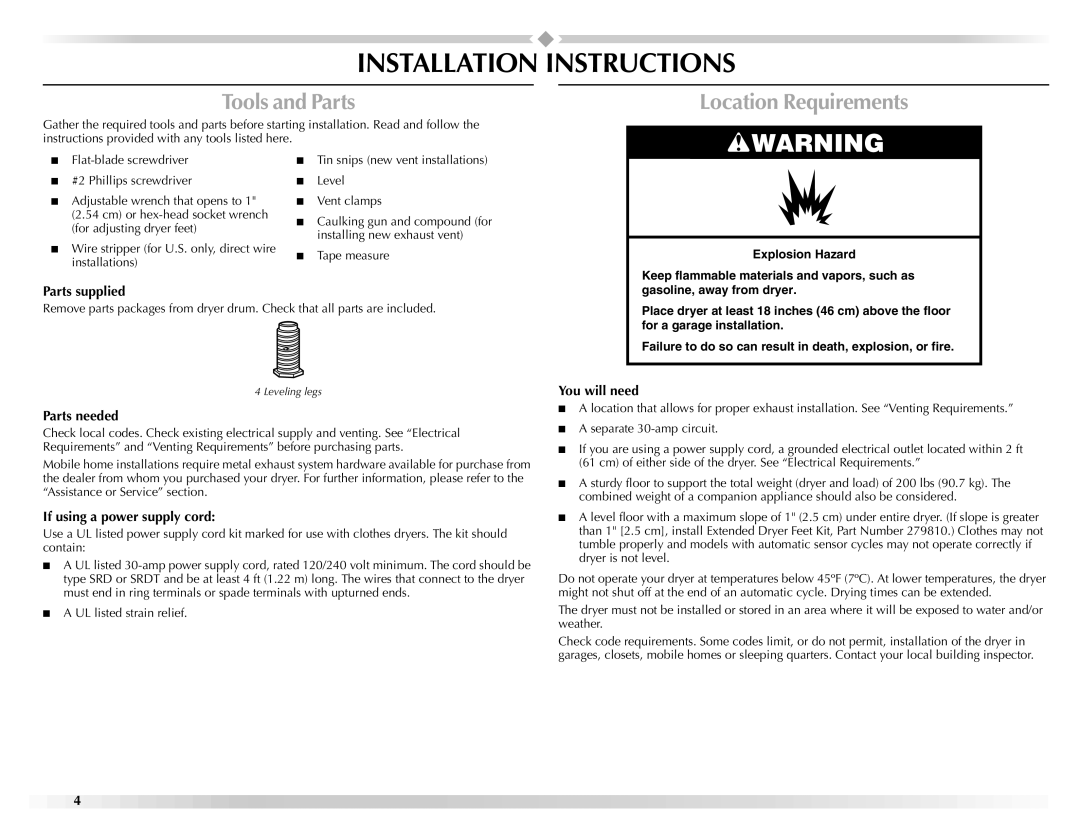 Maytag W10150609A, W10150608A manual Installation Instructions, Tools and Parts, Location Requirements 