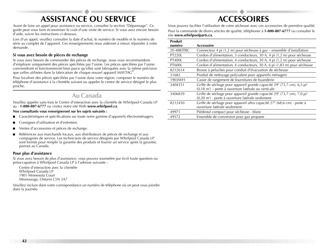 Maytag W10150609A, W10150608A Assistance OU Service, Accessoires, Au Canada, Si vous avez besoin de pièces de rechange 