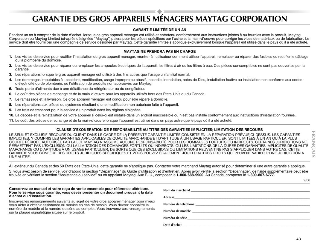 Maytag W10150608A, W10150609A manual Garantie DES Gros Appareils Ménagers Maytag Corporation 