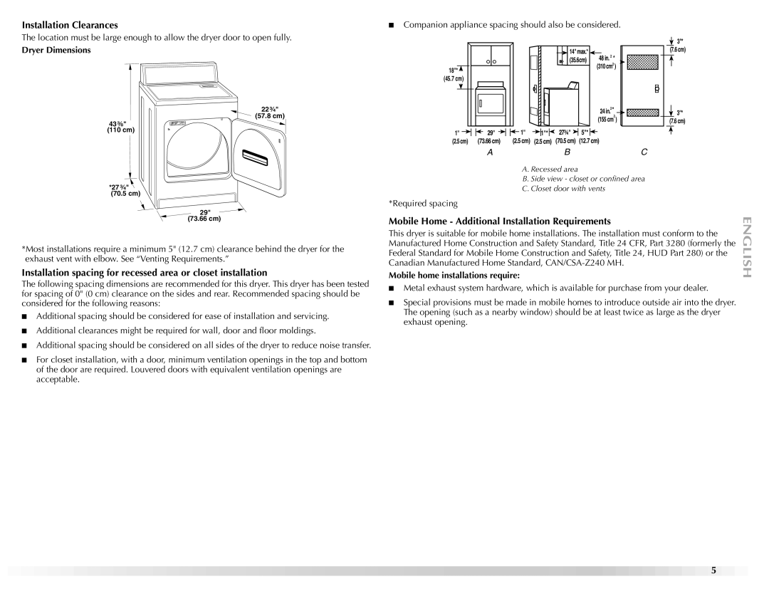 Maytag W10150608A, W10150609A Installation Clearances, Mobile Home Additional Installation Requirements, Dryer Dimensions 