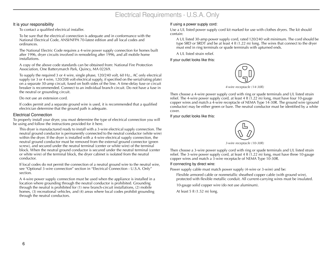 Maytag W10150609A, W10150608A manual Electrical Requirements U.S.A. Only, It is your responsibility, Electrical Connection 