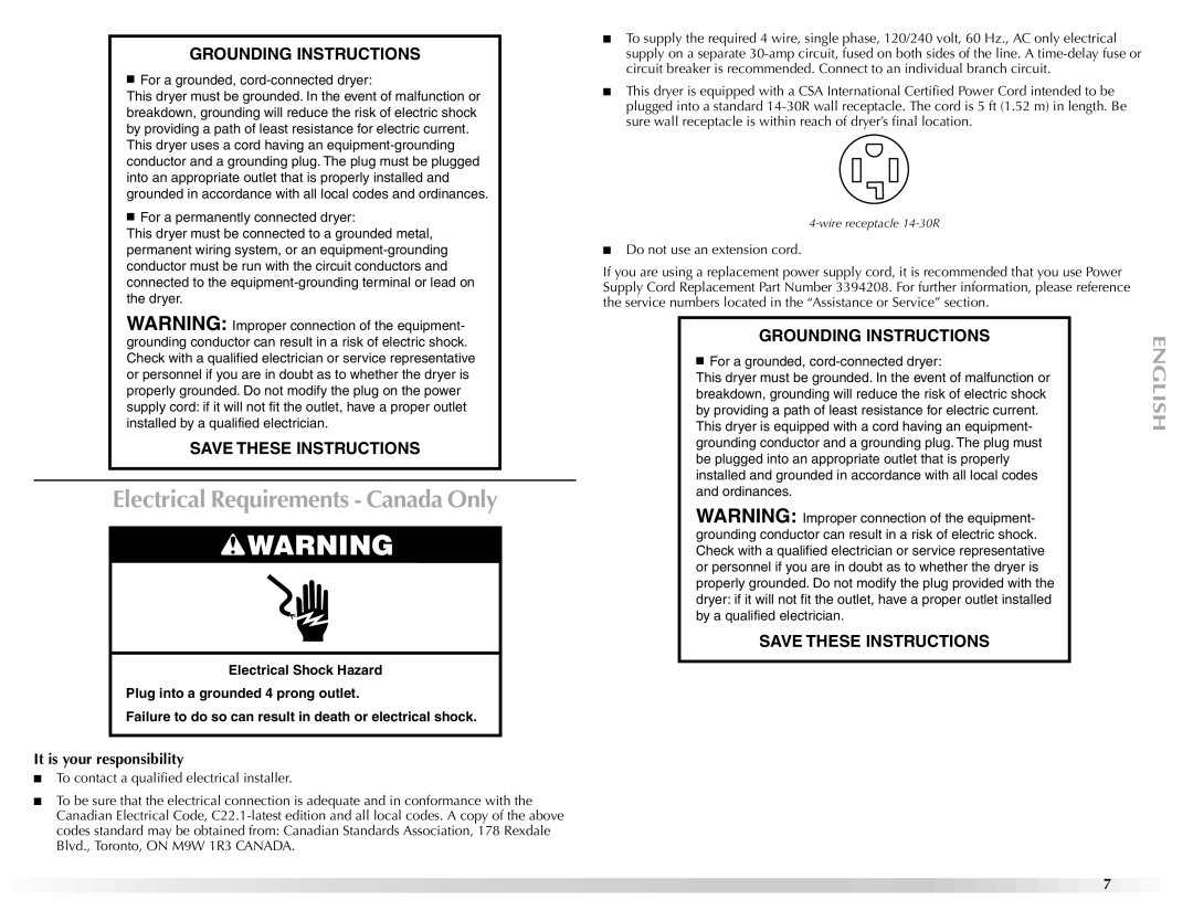 Maytag W10150608A, W10150609A manual Electrical Requirements Canada Only, Grounding Instructions 