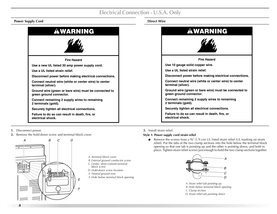 Maytag W10150609A, W10150608A manual Electrical Connection U.S.A. Only, Power Supply Cord Direct Wire 