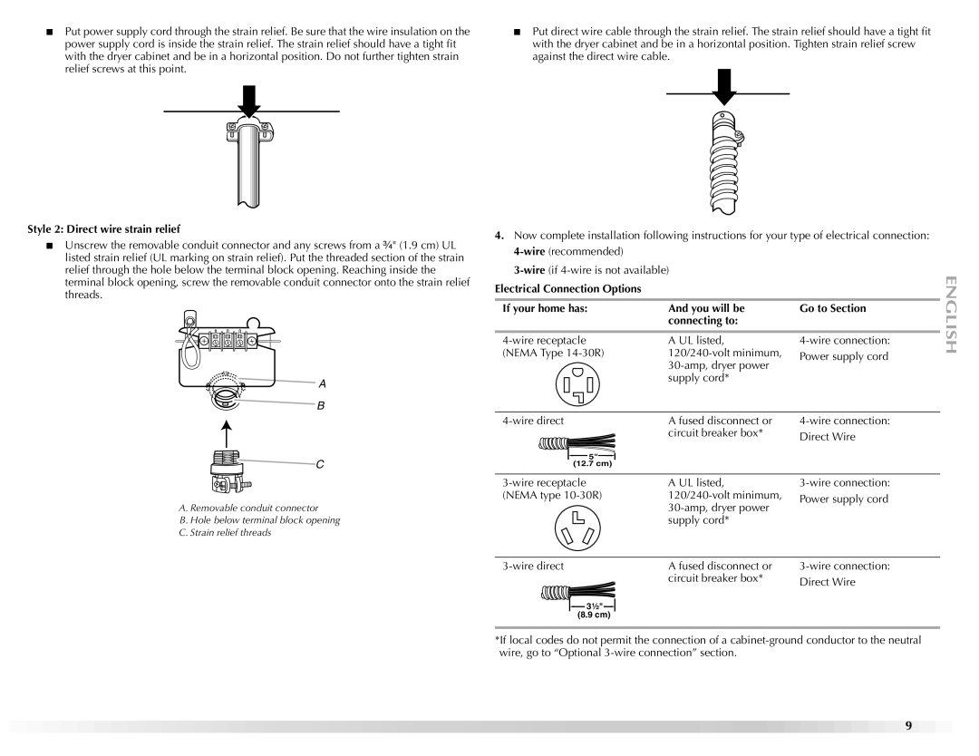 Maytag W10150608A, W10150609A manual Style 2 Direct wire strain relief 