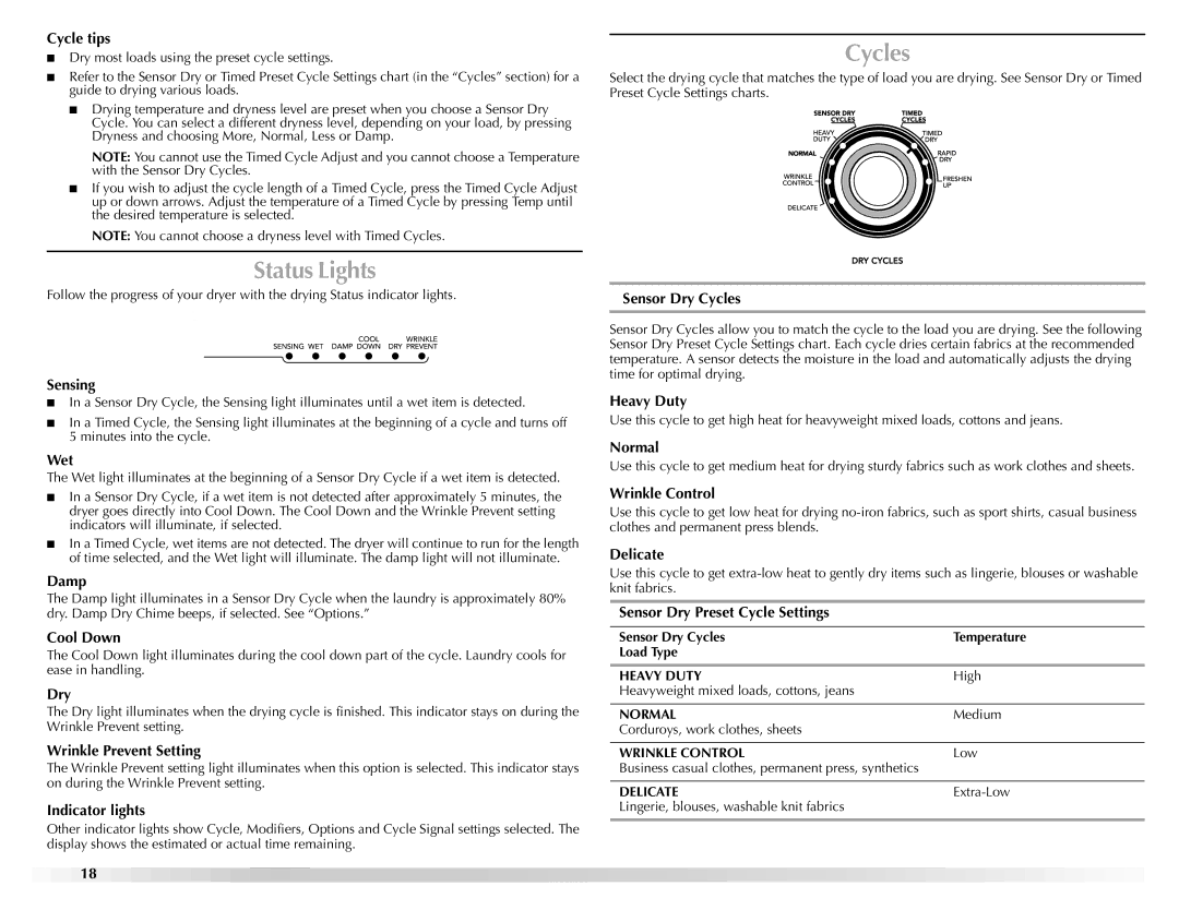 Maytag W10150660A, W10150661A manual Status Lights, Cycles 
