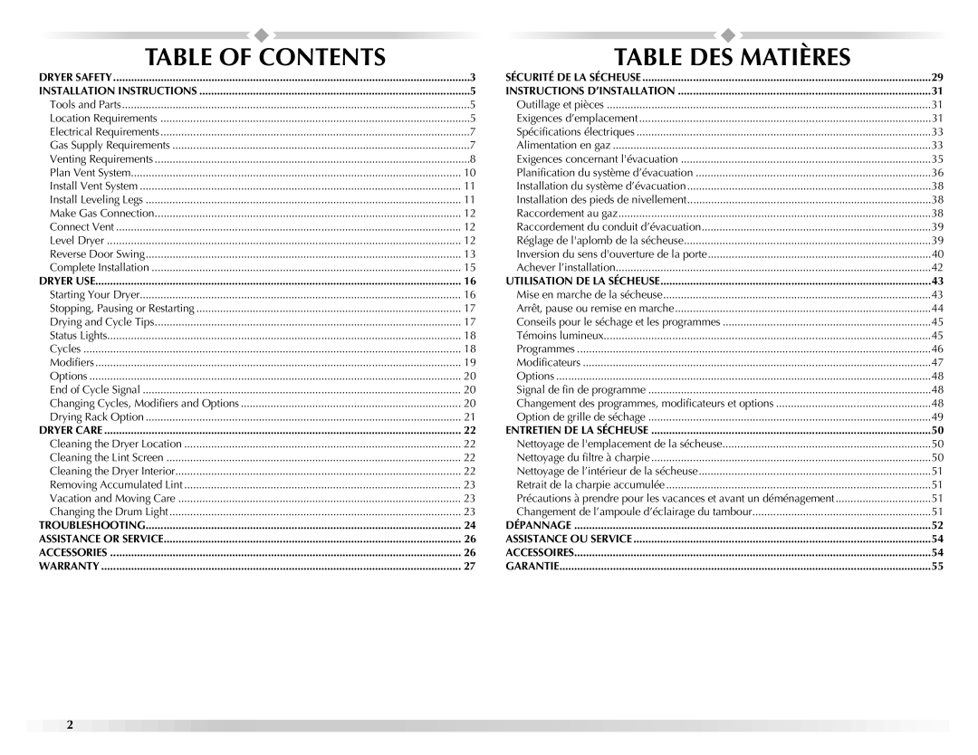 Maytag W10150660A, W10150661A manual Table of Contents, Table DES Matières 