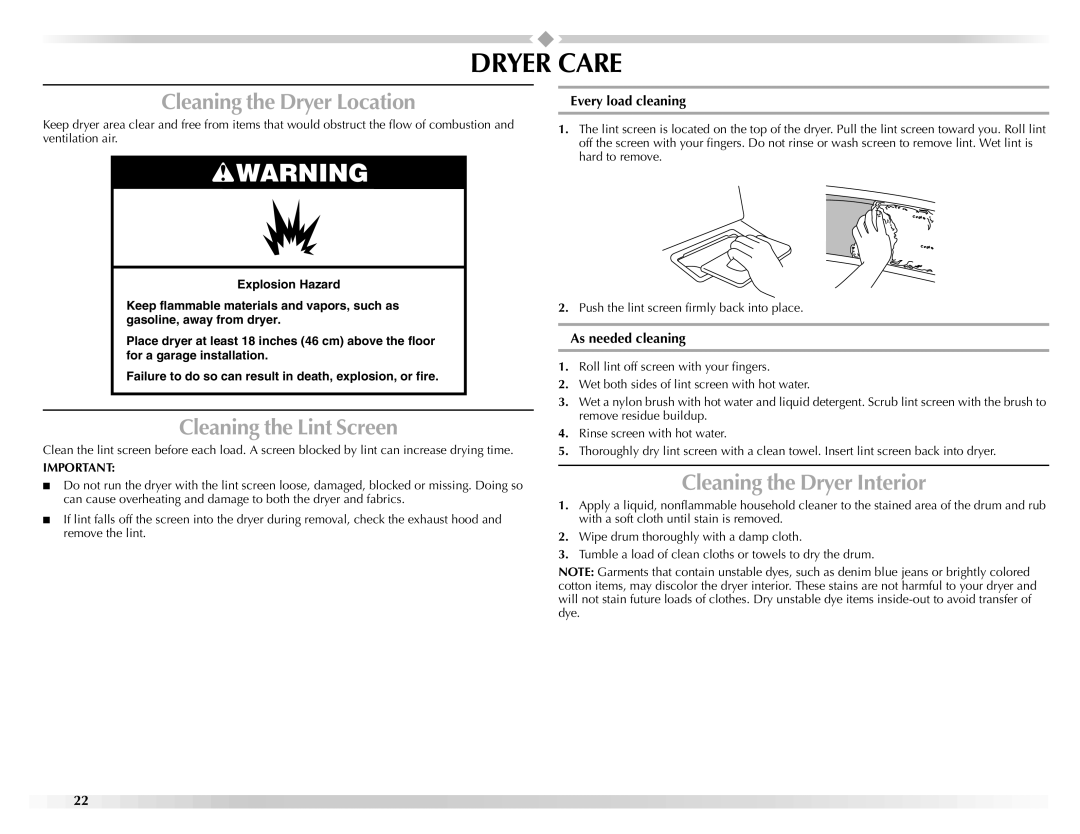 Maytag W10150660A manual Dryer Care, Cleaning the Dryer Location, Cleaning the Lint Screen, Cleaning the Dryer Interior 