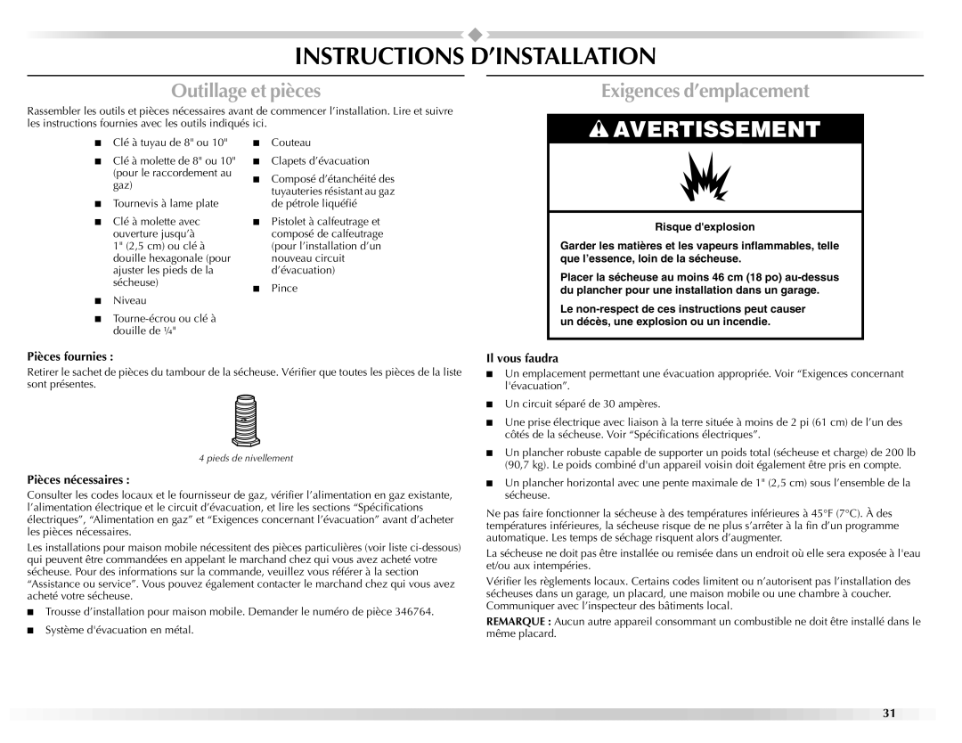 Maytag W10150661A, W10150660A manual Instructions D’INSTALLATION, Outillage et pièces, Exigences d’emplacement 